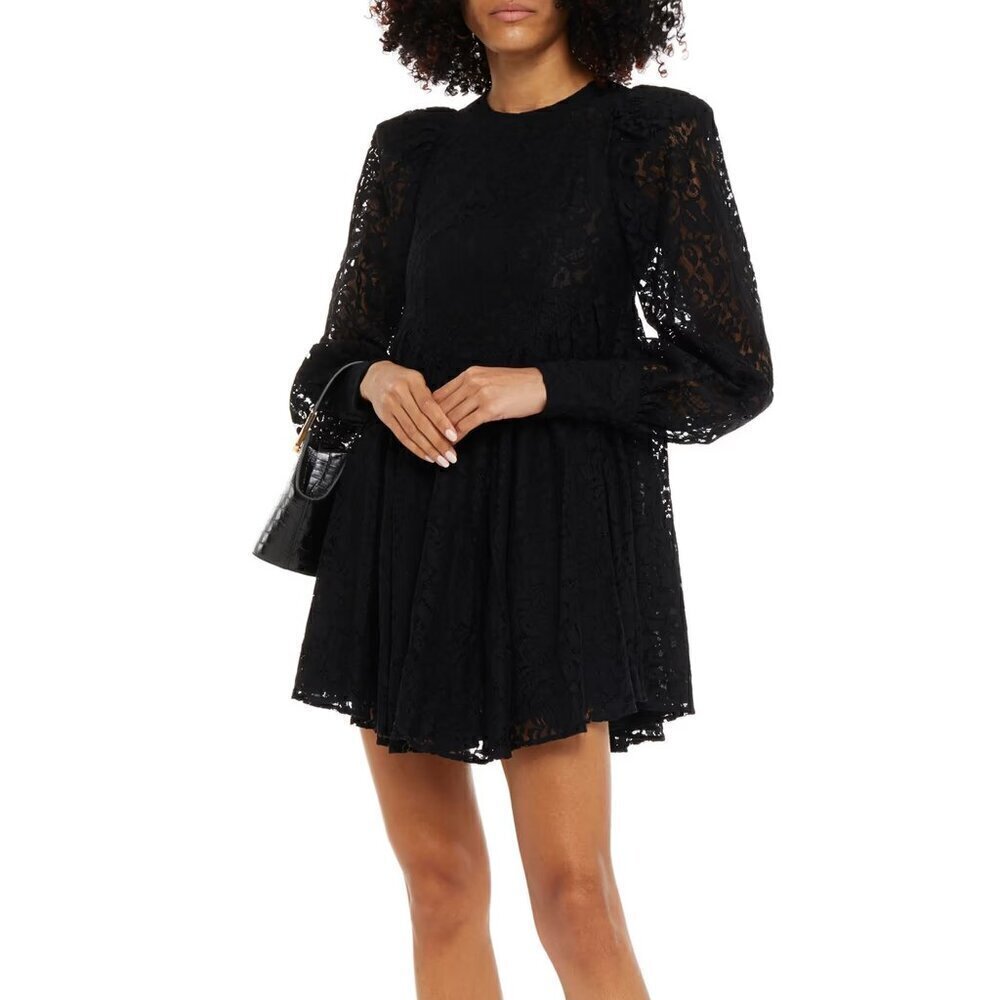 Rotate Birger Christensen Allison pocket dress black lace puffed sleeve zipper 6